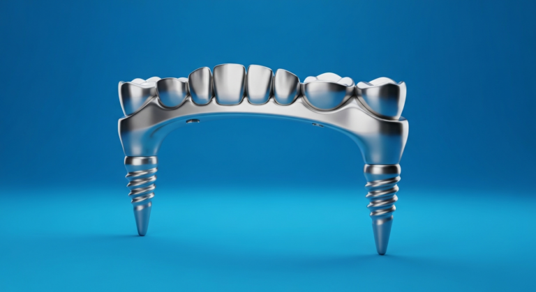 Metallisches Zahnimplantat auf blauem Hintergrund