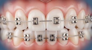 Nahaufnahme von Zähnen mit Zahnspange