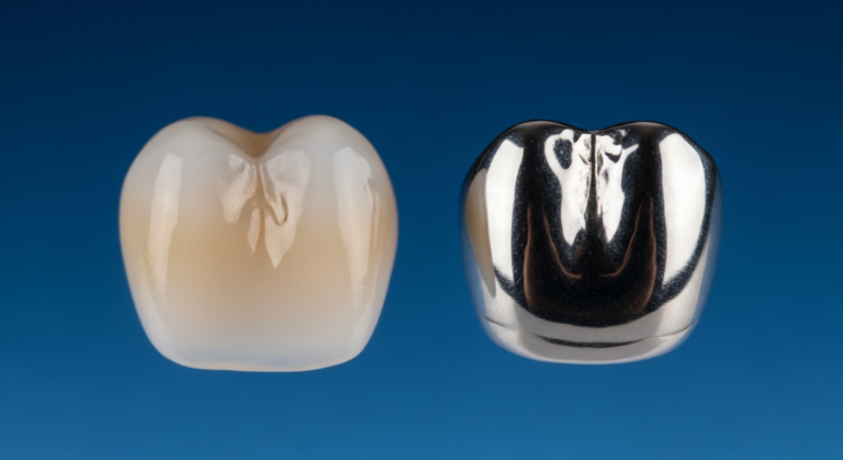 Zahnkronen aus Keramik und Metall auf blauem Hintergrund