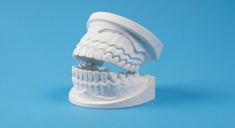 Zahnmodell aus Gips auf blauem Hintergrund