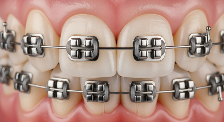 Nahaufnahme von Zähnen mit Zahnspange