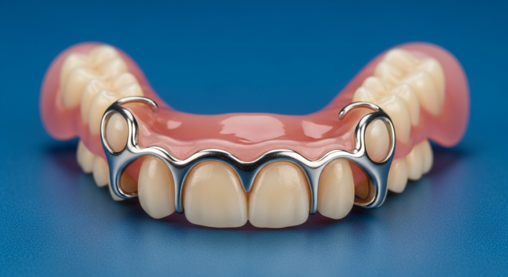 Teilprothese mit Metallklammern auf blauem Hintergrund