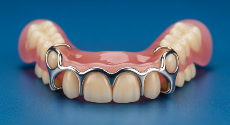 Teilprothese mit Metallklammern auf blauem Hintergrund