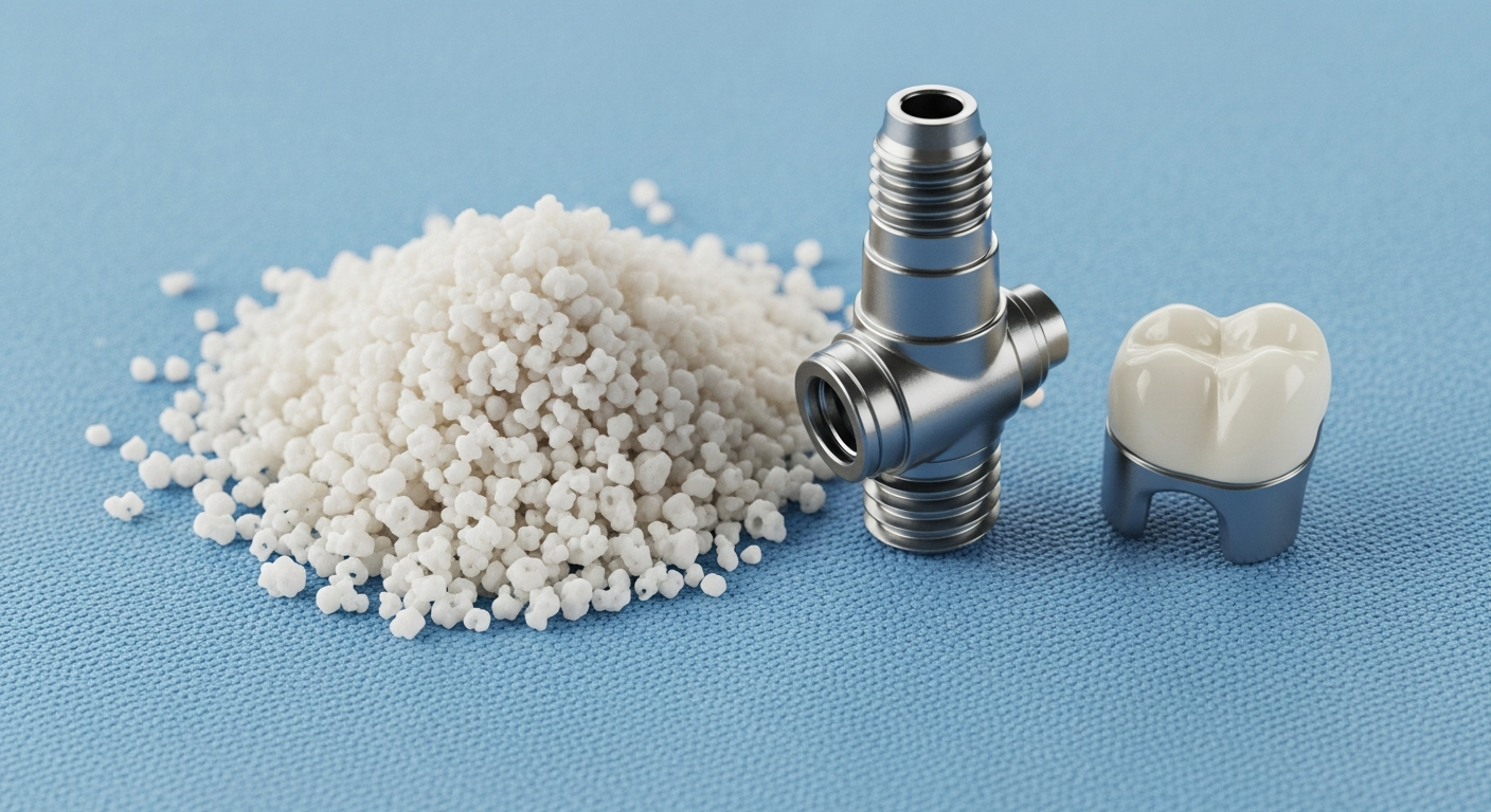 Zahnimplantat und Knochenersatzmaterial auf blauem Hintergrund