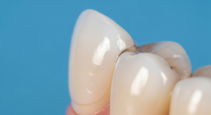 Nahaufnahme von weißen Zähnen auf blauem Hintergrund