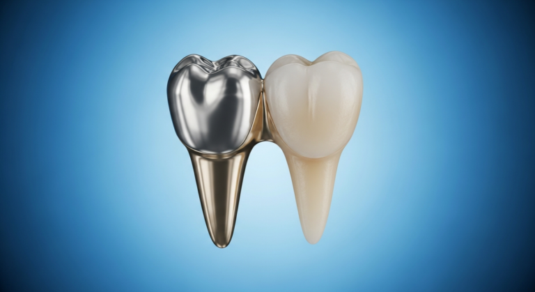 Zahnkrone aus Metall neben natürlichem Zahn