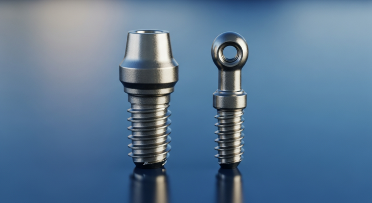 Zwei metallische Zahnimplantate auf blauem Hintergrund