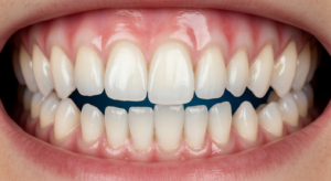 Nahaufnahme von sauberen, weißen Zähnen beim Lächeln