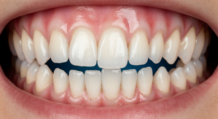 Nahaufnahme von sauberen, weißen Zähnen beim Lächeln