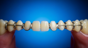 Zähne mit kieferorthopädischem Draht