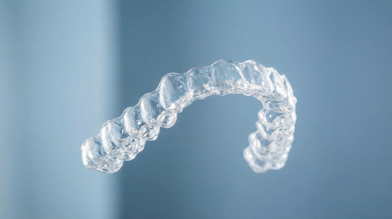 Transparente Zahnschiene vor blauem Hintergrund