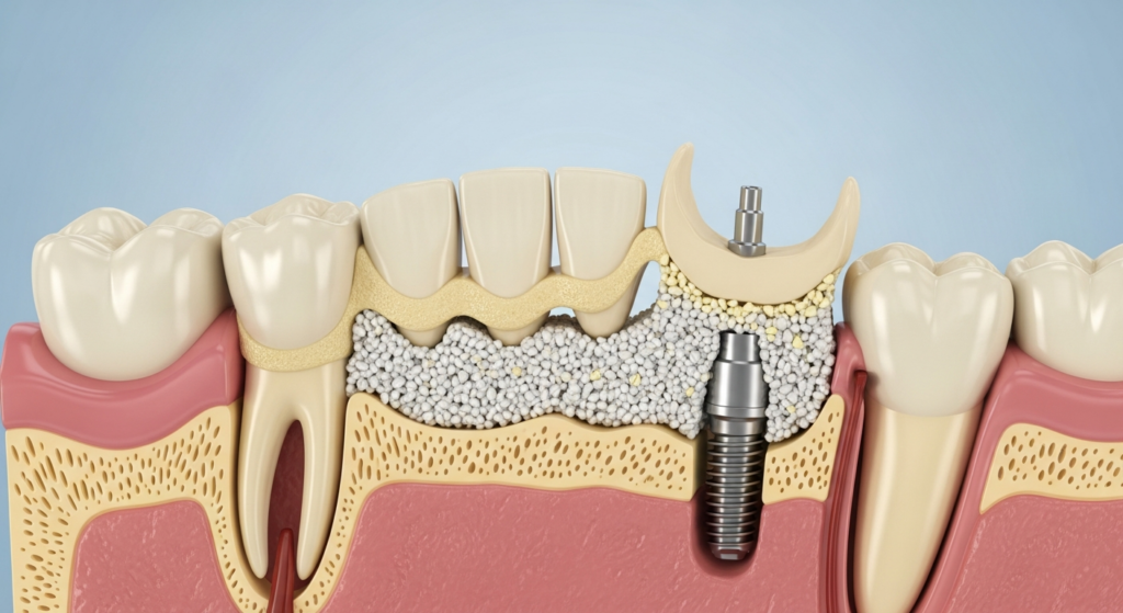 Zahnimplantat mit Knochenaufbau im Kiefer