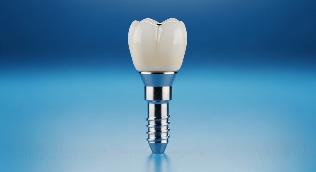 Zahnimplantat aus Metall und Keramik auf blauem Hintergrund