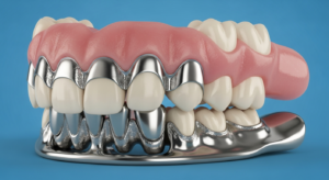 Zahnprothese mit Metallbasis auf blauem Hintergrund