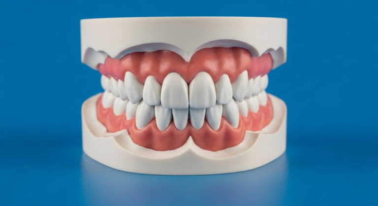 Zahnmodell mit Gebiss auf blauem Hintergrund