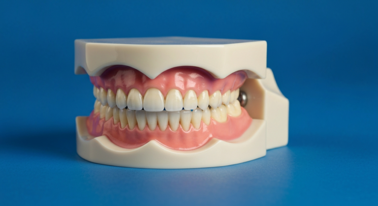 Zahnmodell mit Gebiss auf blauem Hintergrund