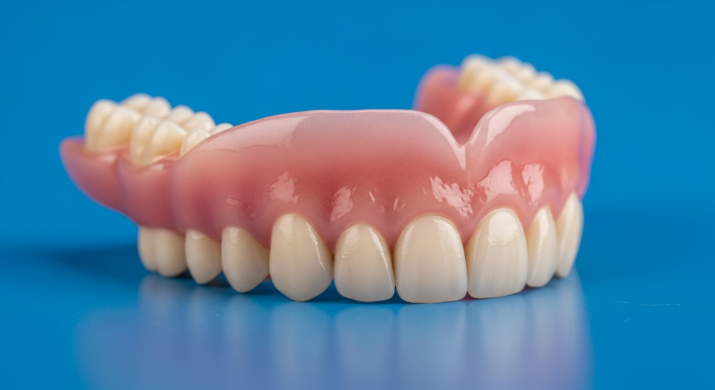 Künstliches Gebiss auf blauem Hintergrund