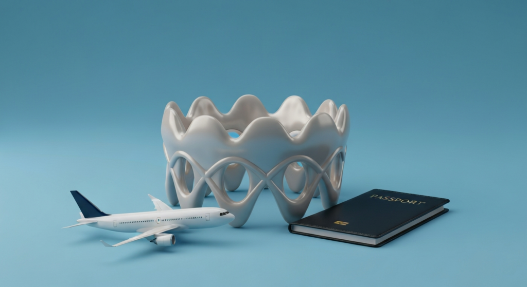 Moderne Skulptur mit Flugzeug und Reisepass auf Blau