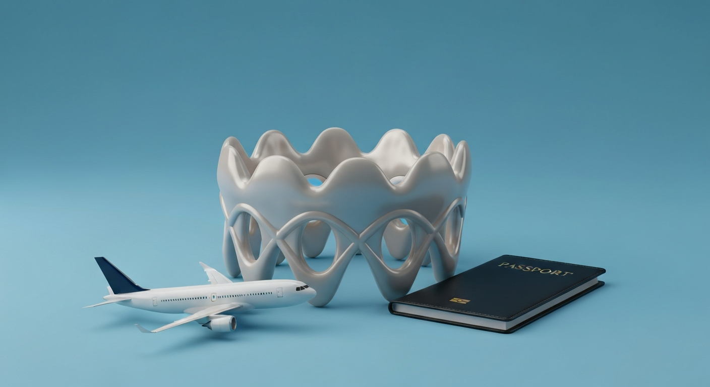 Moderne Skulptur mit Flugzeug und Reisepass auf Blau