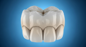 3D-Darstellung menschlicher Zähne auf blauem Hintergrund