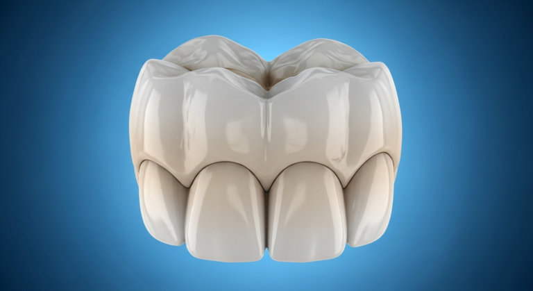 3D-Darstellung menschlicher Zähne auf blauem Hintergrund