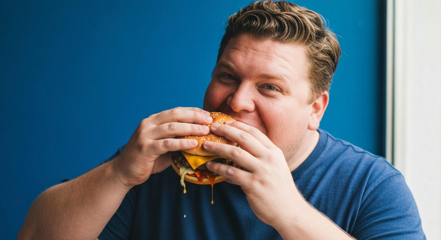 Mann isst leckeren Cheeseburger vor blauem Hintergrund