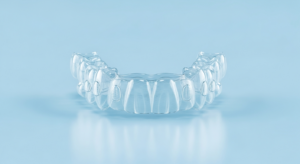 Transparente Zahnspange auf blauem Hintergrund