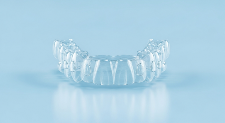 Transparente Zahnspange auf blauem Hintergrund