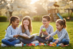 Kinder lesen und lachen im Park