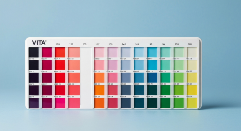 Zahnfarbskala mit verschiedenen Farbmustern auf blauem Hintergrund