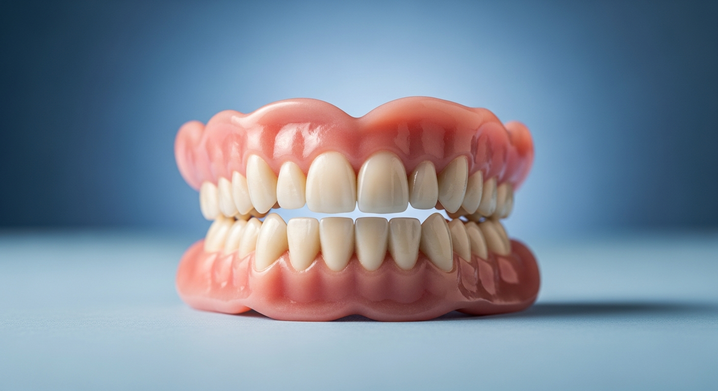 Künstliches Gebiss auf blauem Hintergrund