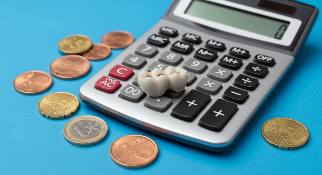 Zahnkrone, Taschenrechner und Euro-Münzen auf blauem Hintergrund