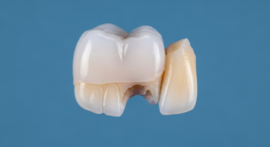 Zahn mit Keramikkrone auf blauem Hintergrund