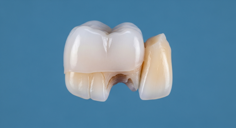 Zahn mit Keramikkrone auf blauem Hintergrund