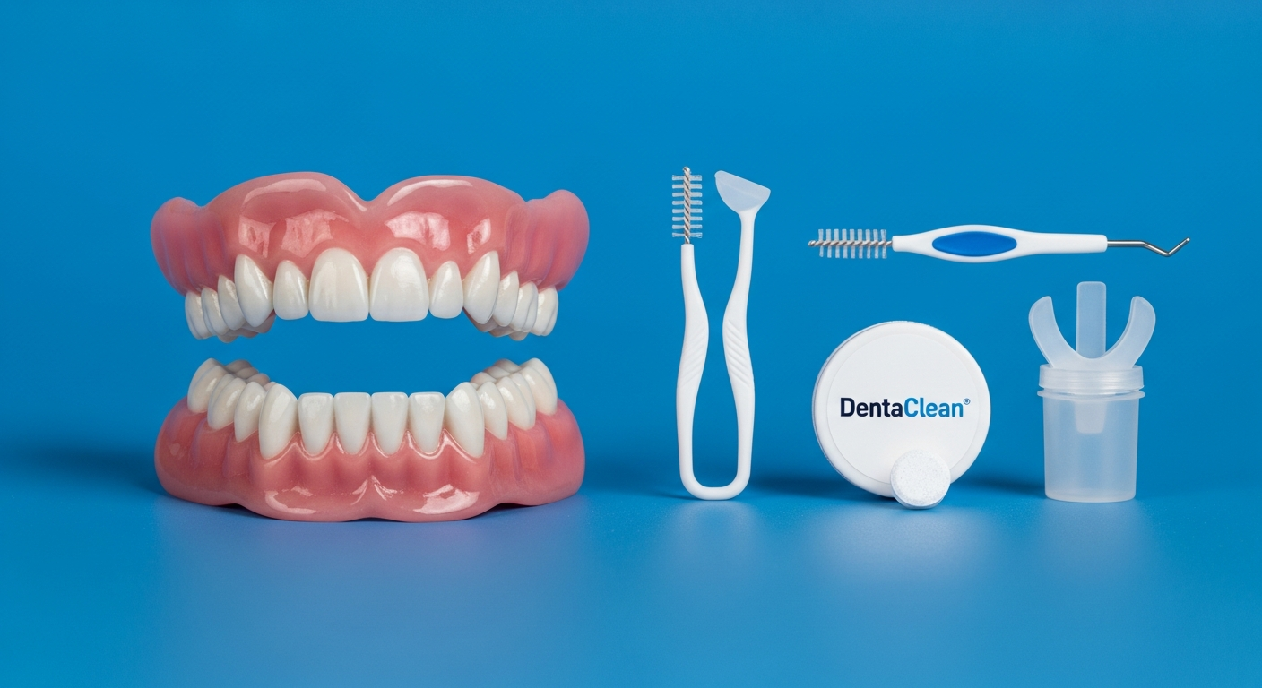 Zahnersatz und Reinigungswerkzeuge auf blauem Hintergrund