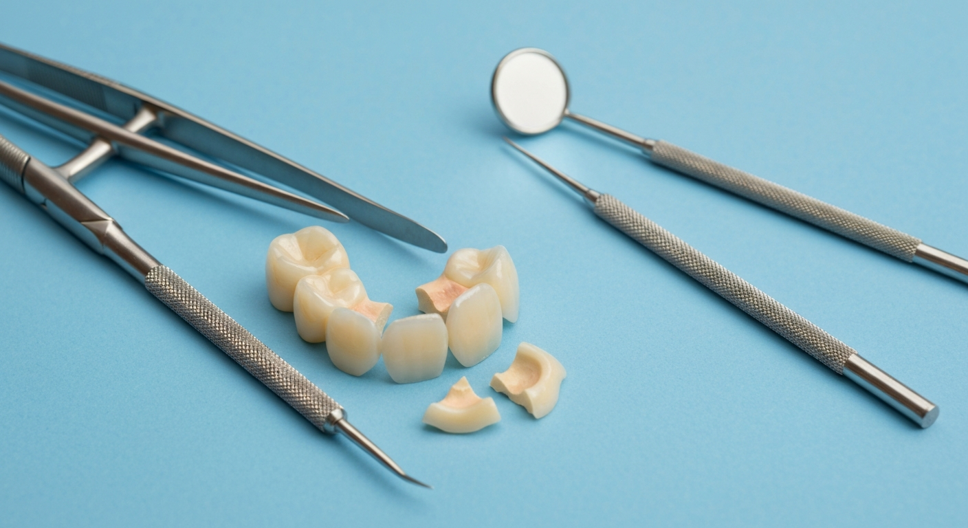 Zahnärztliche Werkzeuge und Keramikzähne auf blauem Hintergrund