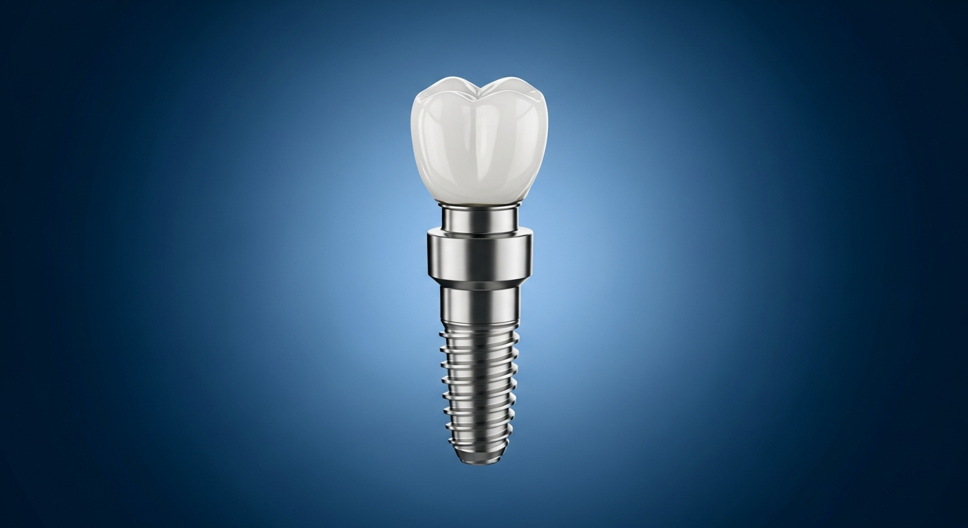 Zahnimplantat aus Metall und Keramik auf blauem Hintergrund