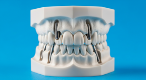 Zahnmodell mit sichtbaren Zahnimplantaten auf blauem Hintergrund