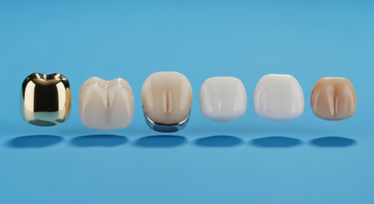 Verschiedene Zahnkronen auf blauem Hintergrund