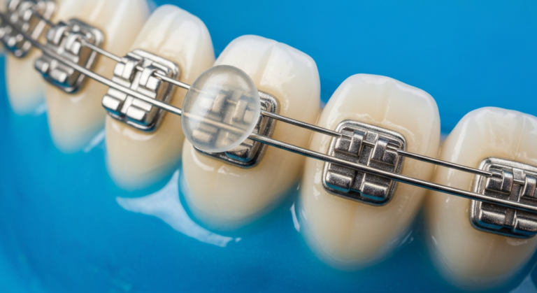 Zähne mit Metallzahnspange und Gummiring Nahaufnahme