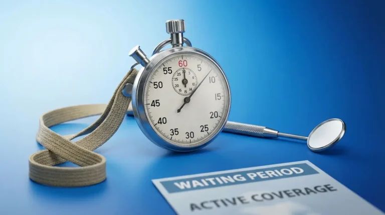 Stoppuhr und Zahnarztspiegel auf blauem Hintergrund