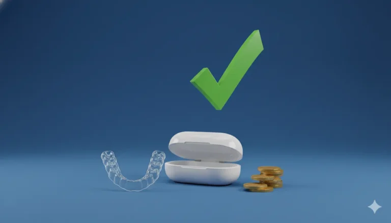 Zahnspange mit Etui, Münzen und grünem Haken