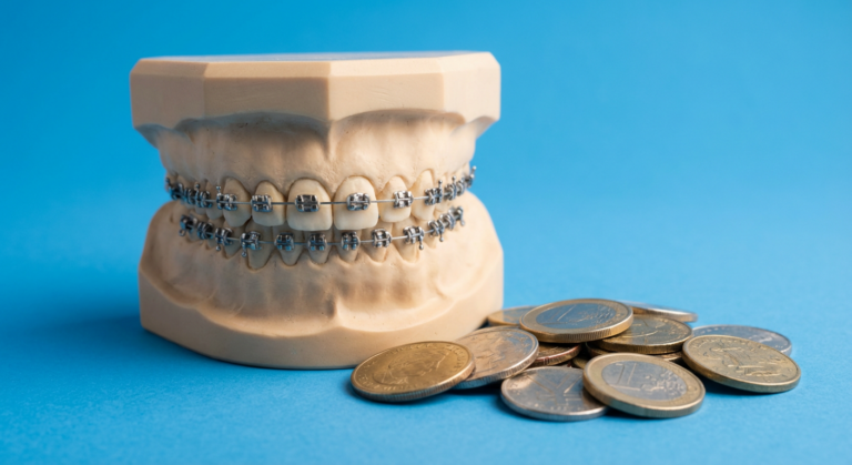 Zahnmodell mit Zahnspange und Euromünzen