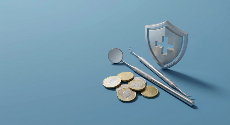 Zahnarztwerkzeuge Münzen und Versicherungssymbol auf Blau