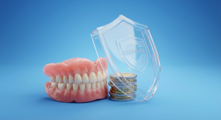 Zahnersatz, Münzen und Versicherungsschutzsymbol