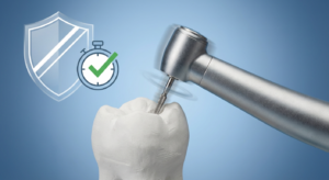Zahnarztbohrer bearbeitet Zahn mit Schutzsymbol und Stoppuhr