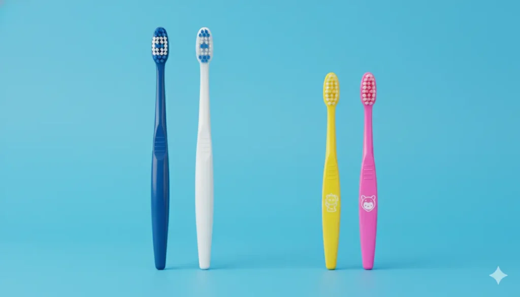 Vier bunte Zahnbürsten auf blauem Hintergrund