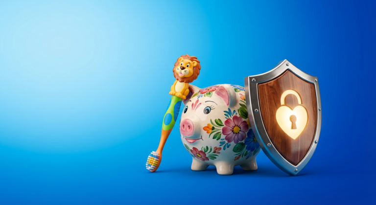 Sparschwein, Kinderzahnbürste und leuchtendes Schutzschild