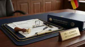 Schreibtisch mit Dokumenten und Krankenversicherungsordner