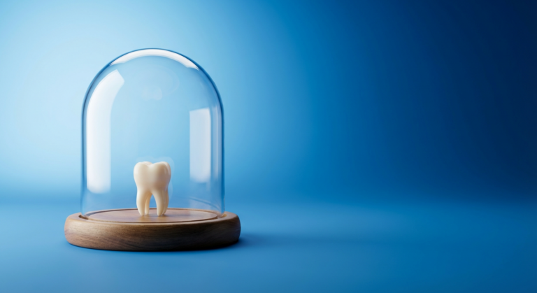 Zahn unter Glasglocke auf blauem Hintergrund